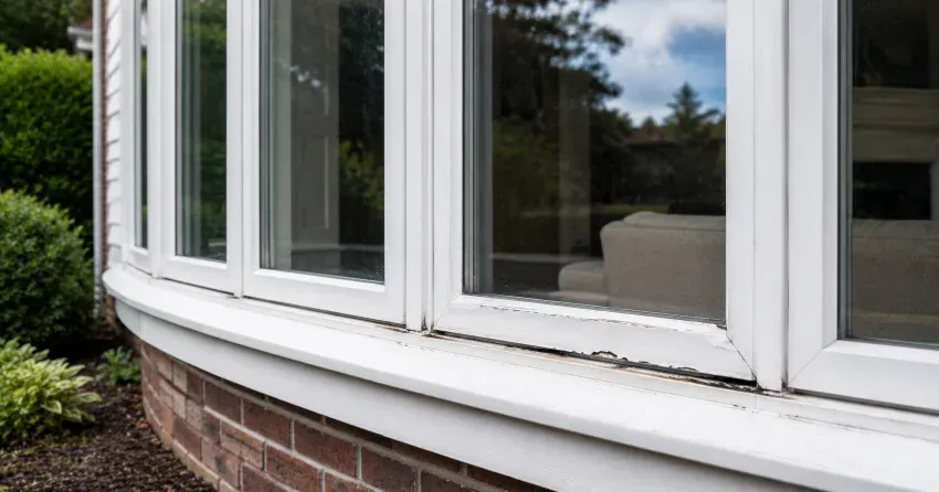 technician inspecting bow window frame and seal for damage in Tottenham