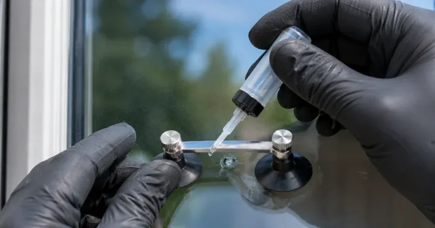 technician performing chipped glass repair on a window in Tottenham