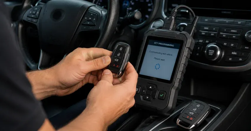 technician inspecting a worn car key before replacement in Tottenham