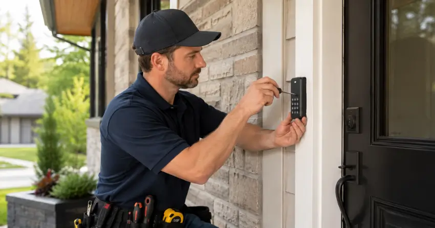 Technician installing an access control system keypad beside a residential front door in Tottenham