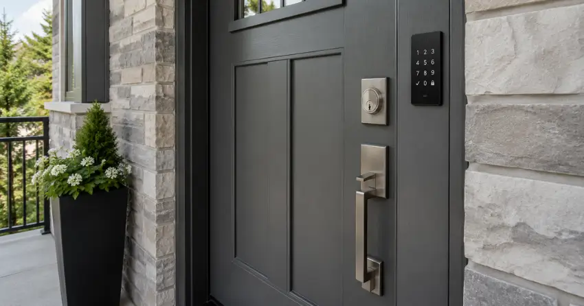 High-security door hardware and access control keypad installed on a residential entry door in Tottenham