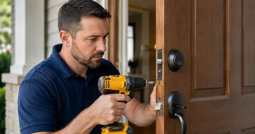 technician installing a new deadbolt during Change Door Lock Tottenham service