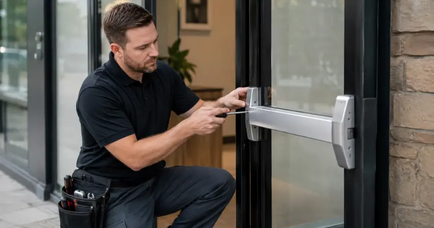 commercial locksmith repairing exit device on storefront door Tottenham