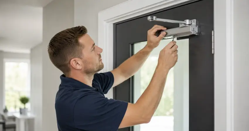 technician adjusting door closer hydraulic valve in Tottenham home