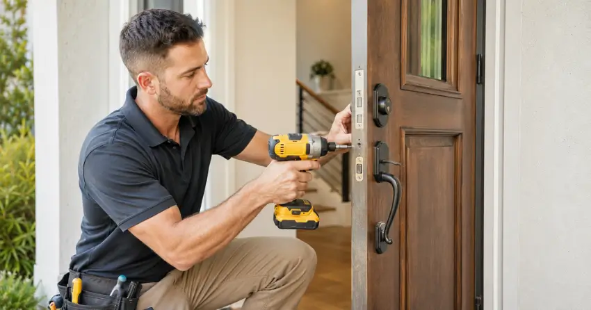 locksmith installing new deadbolt lock on front door in Tottenham