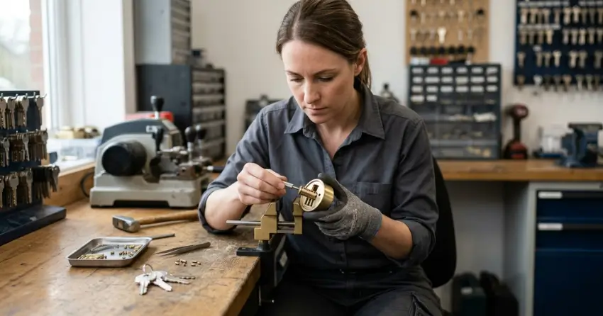 locksmith technician rekeying a deadbolt in Tottenham