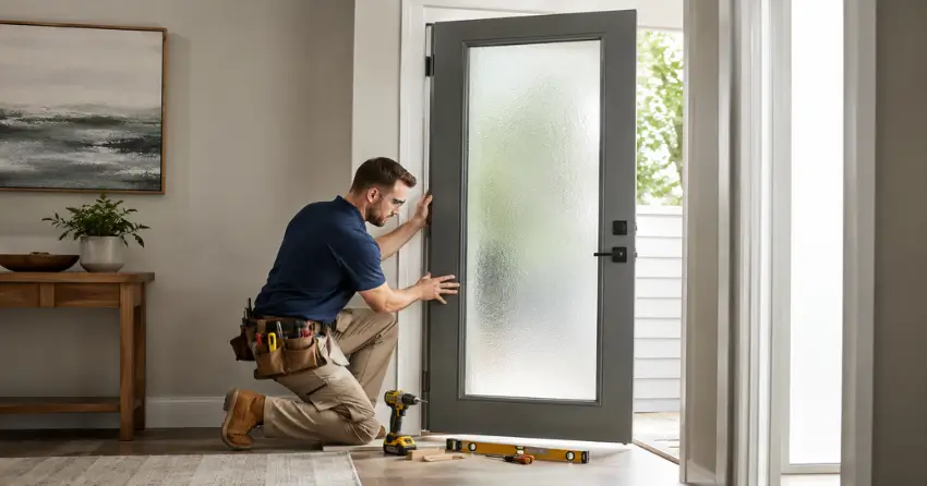 glass panel door installation with frosted privacy glass in residential setting in Tottenham
