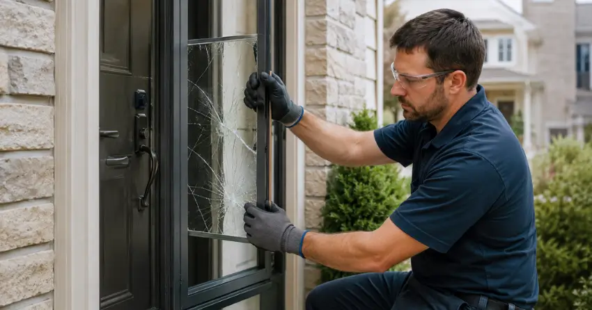 technician removing cracked storm door glass panel in Tottenham