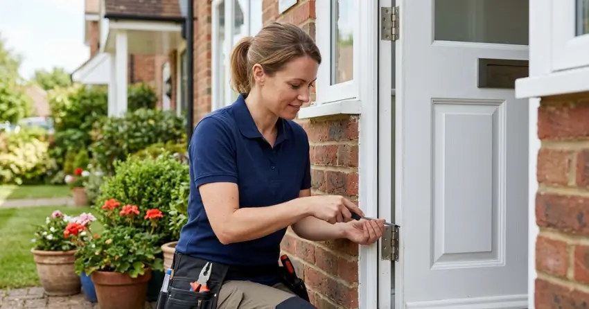 technician repairing exterior door hinge and frame in Tottenham