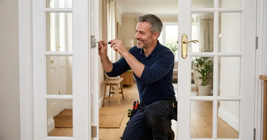 technician adjusting French door hinge for proper alignment in Tottenham