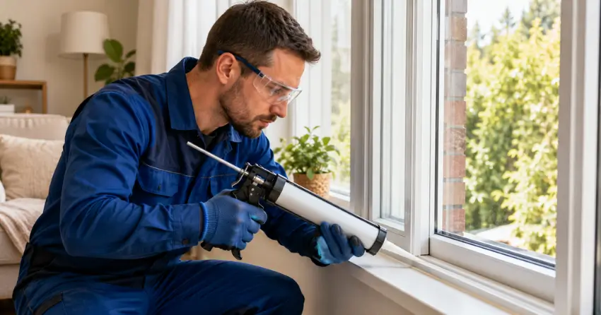 technician repairing window seal and frame in Tottenham