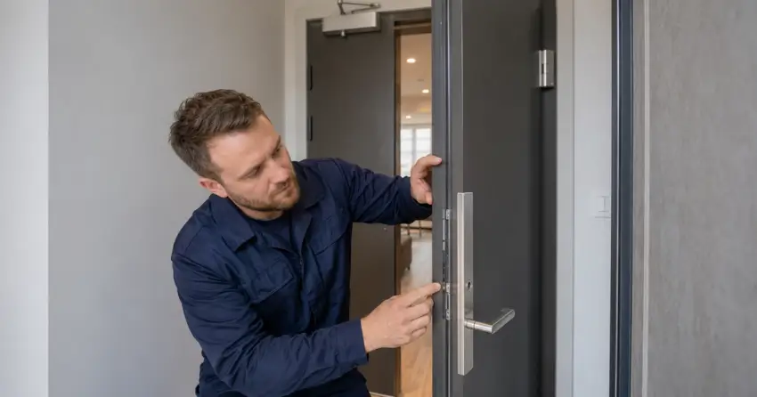 technician inspecting fire-rated door seal and hardware in Tottenham