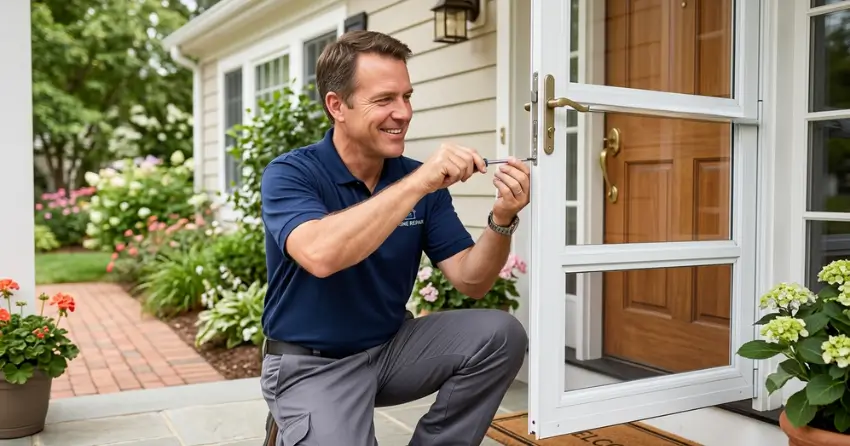 technician adjusting storm door hinge and closer in Tottenham