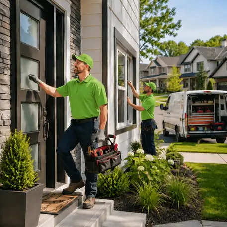 Technicians arriving at homes and working on entry doors, patio doors and windows across the areas we serve